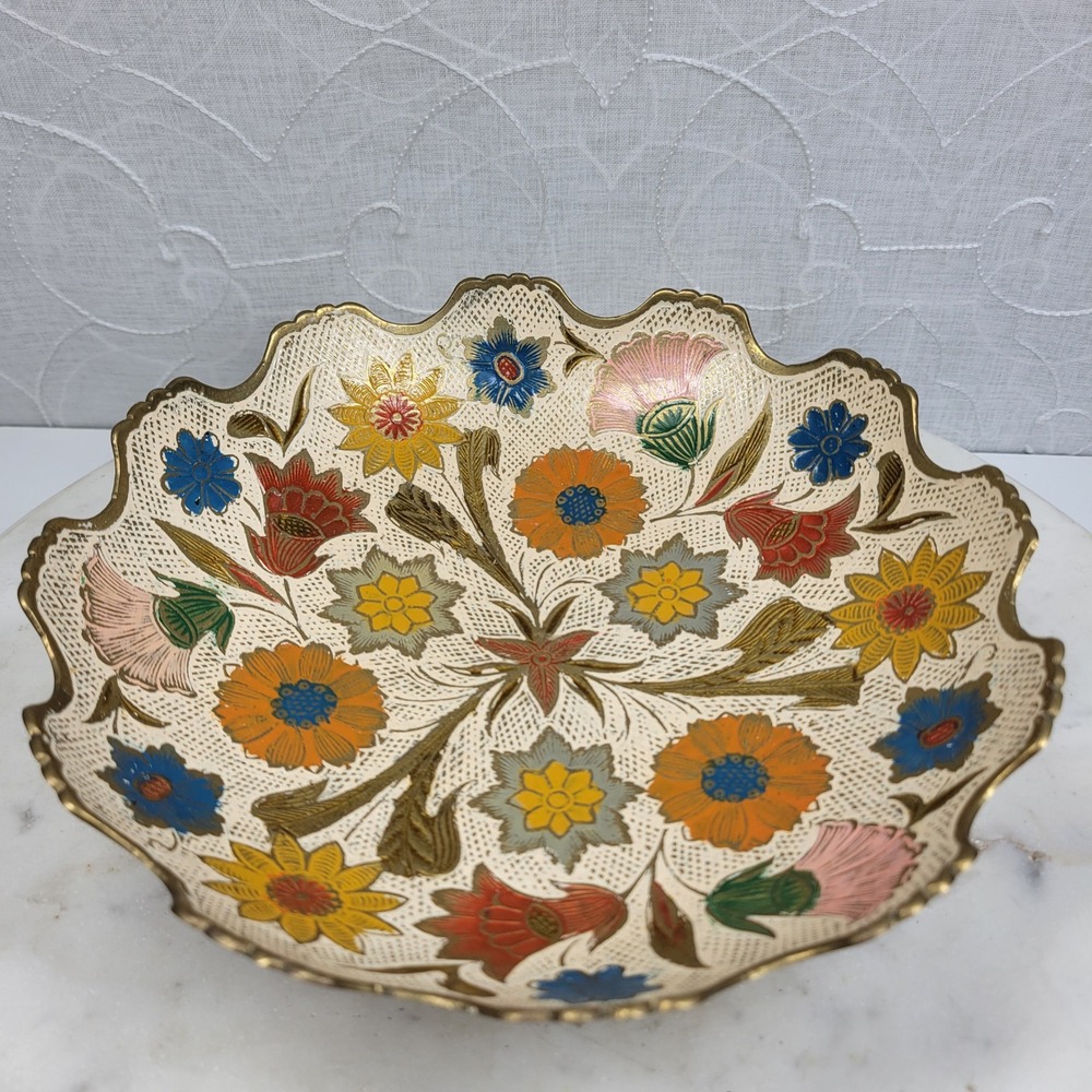 Hand Painted Brass Pedestal Bowl Trinket Floral Catch All Scalloped Rim Vintage - Picture 8 of 16